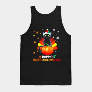 Black Cat Halloween And Merry Christmas Happy Hallothanksmas Tank Top